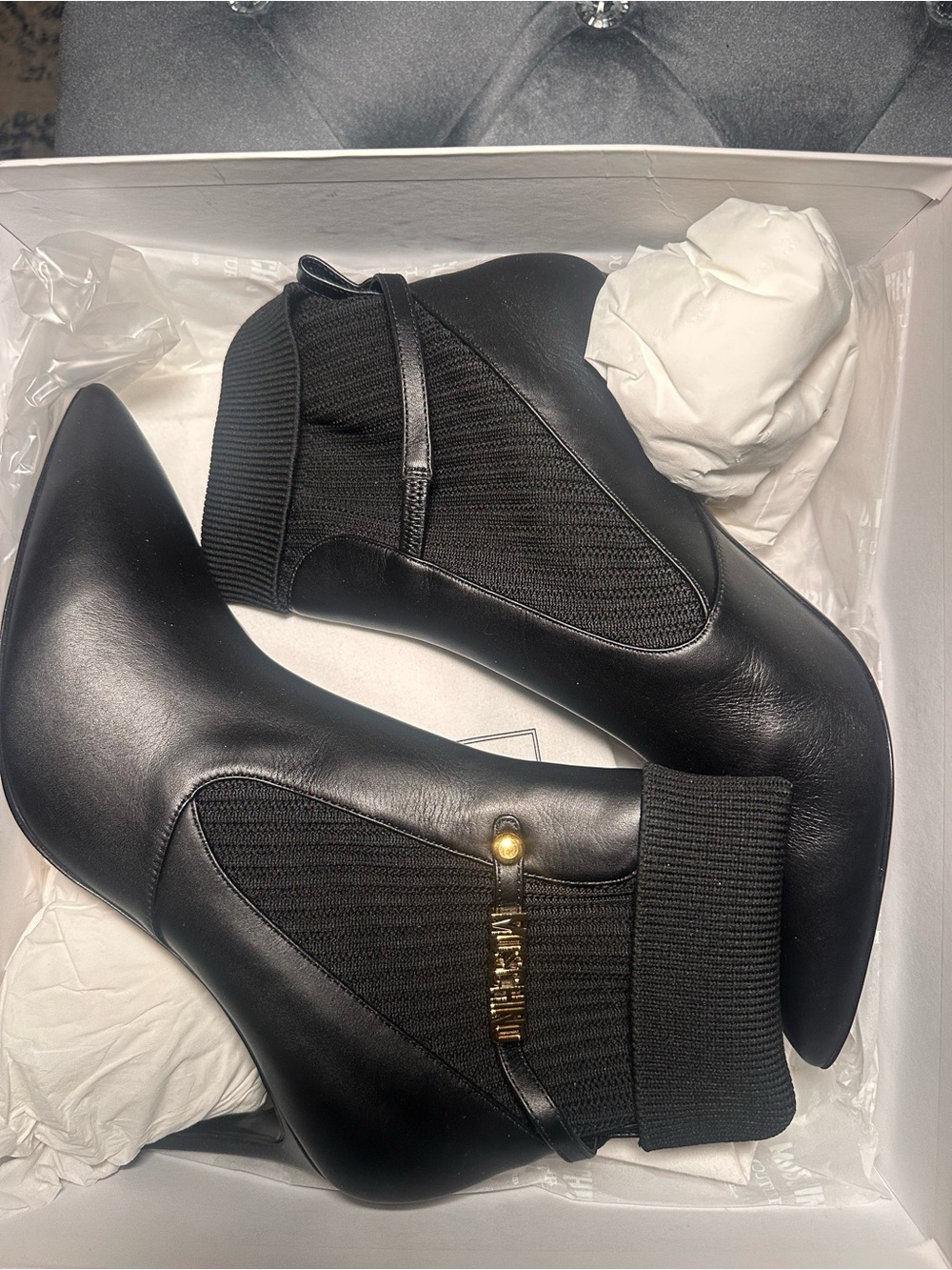 Moschino BRAND NEW Women's Black Leather Ankle Booties with Knit Cuff